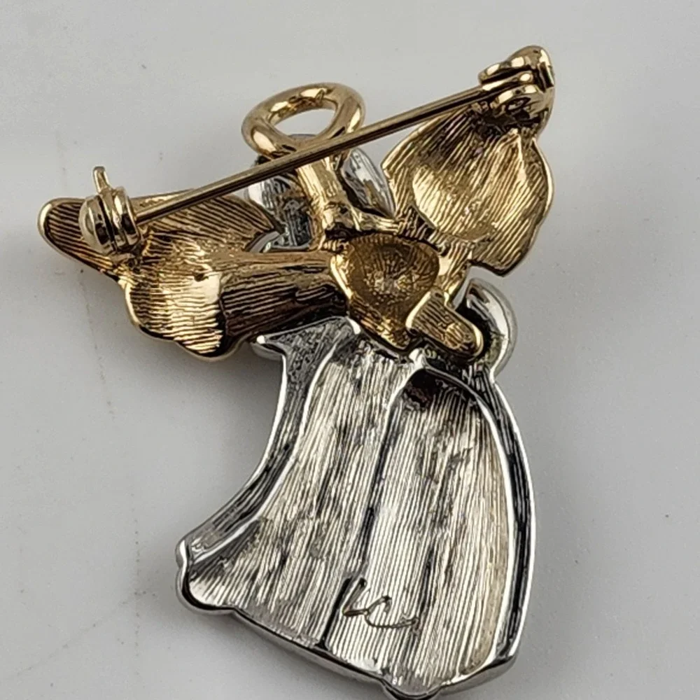 Liz‎ Claiborne Silver And Gold Tone Angel Brooch Green Rhinestone Heart